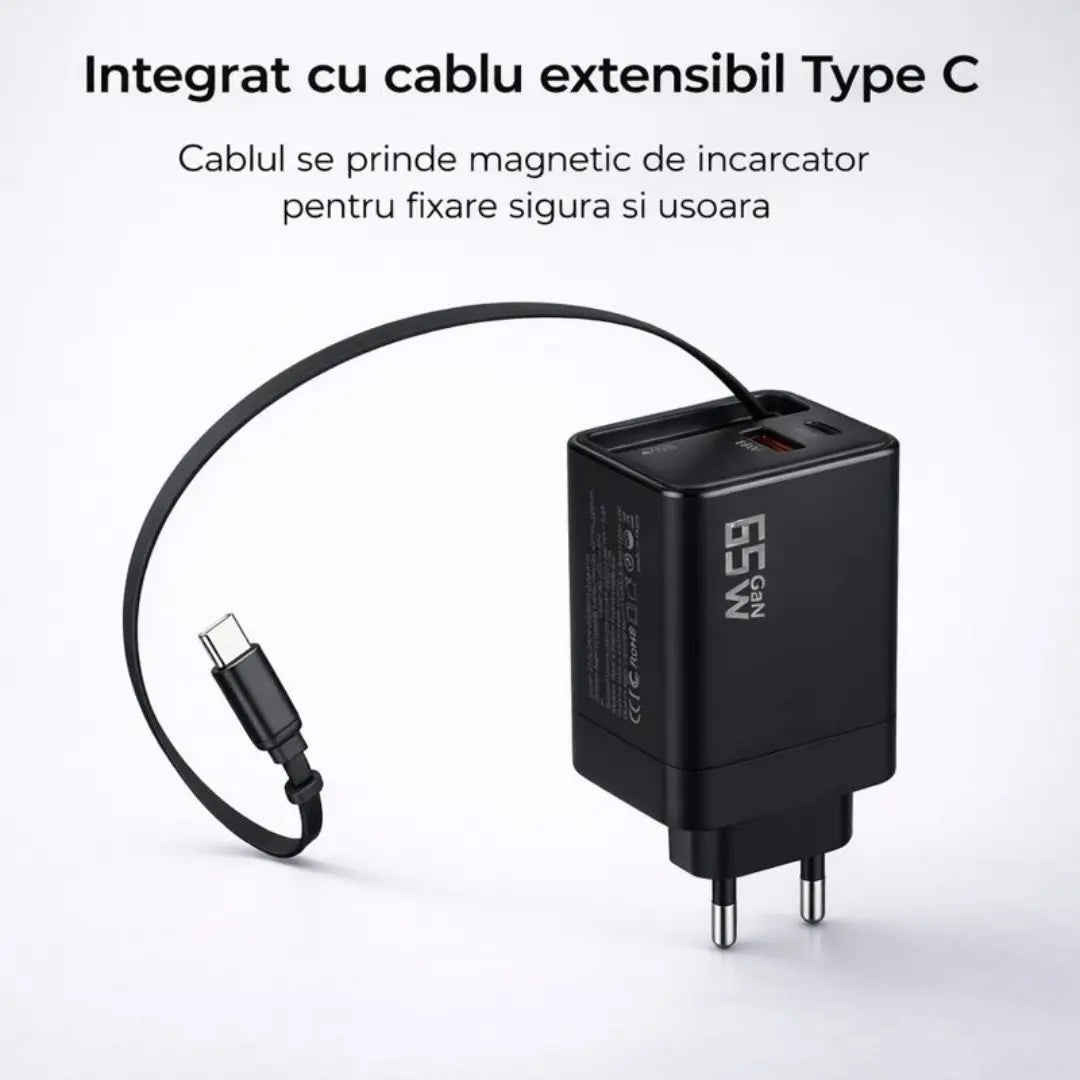 Incarcator 65w GaN- retractabil