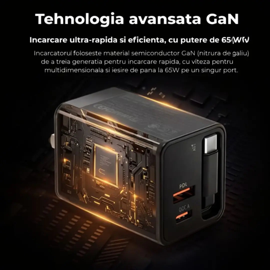 Incarcator 65w GaN- retractabil