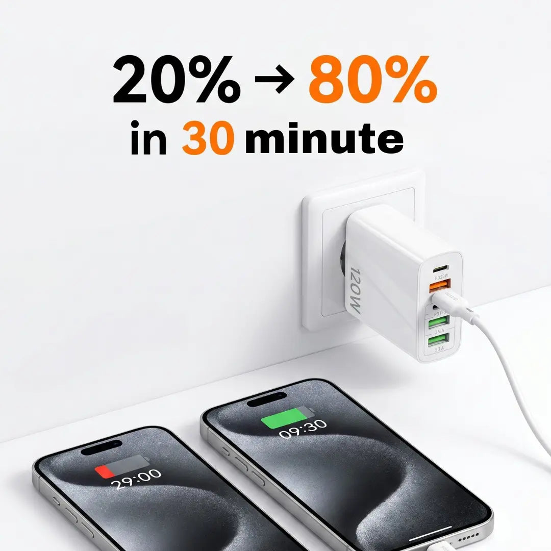 Încărcătorul 120W care încarcă toată familia — 5 dispozitive simultan